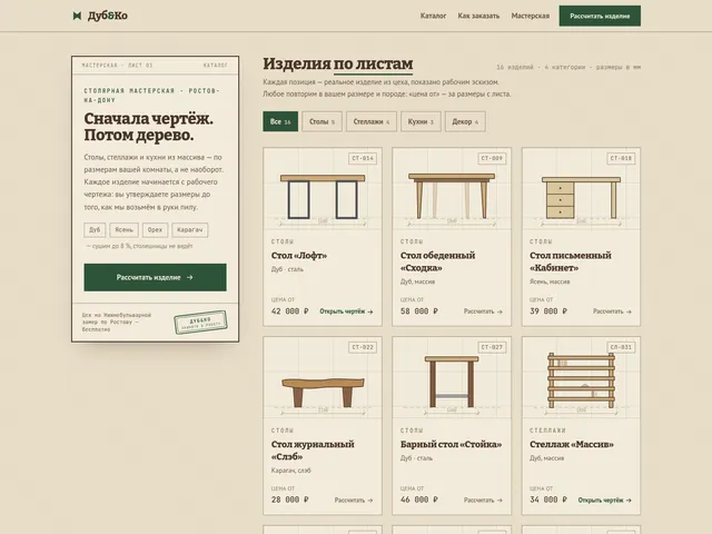 Первый экран сайта «Дуб&Ко» (столярная мастерская)